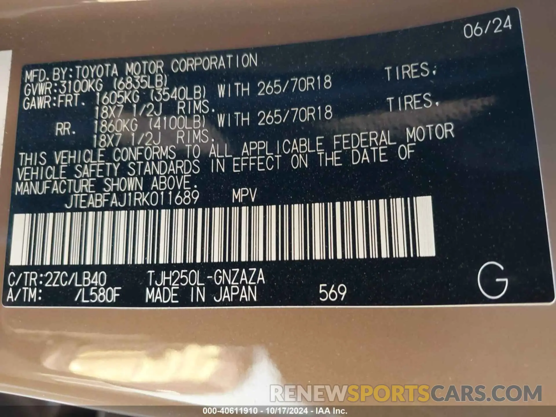 9 fotografías del automóvil dañado JTEABFAJ1RK011689 TOYOTA LAND CRUISER 2024