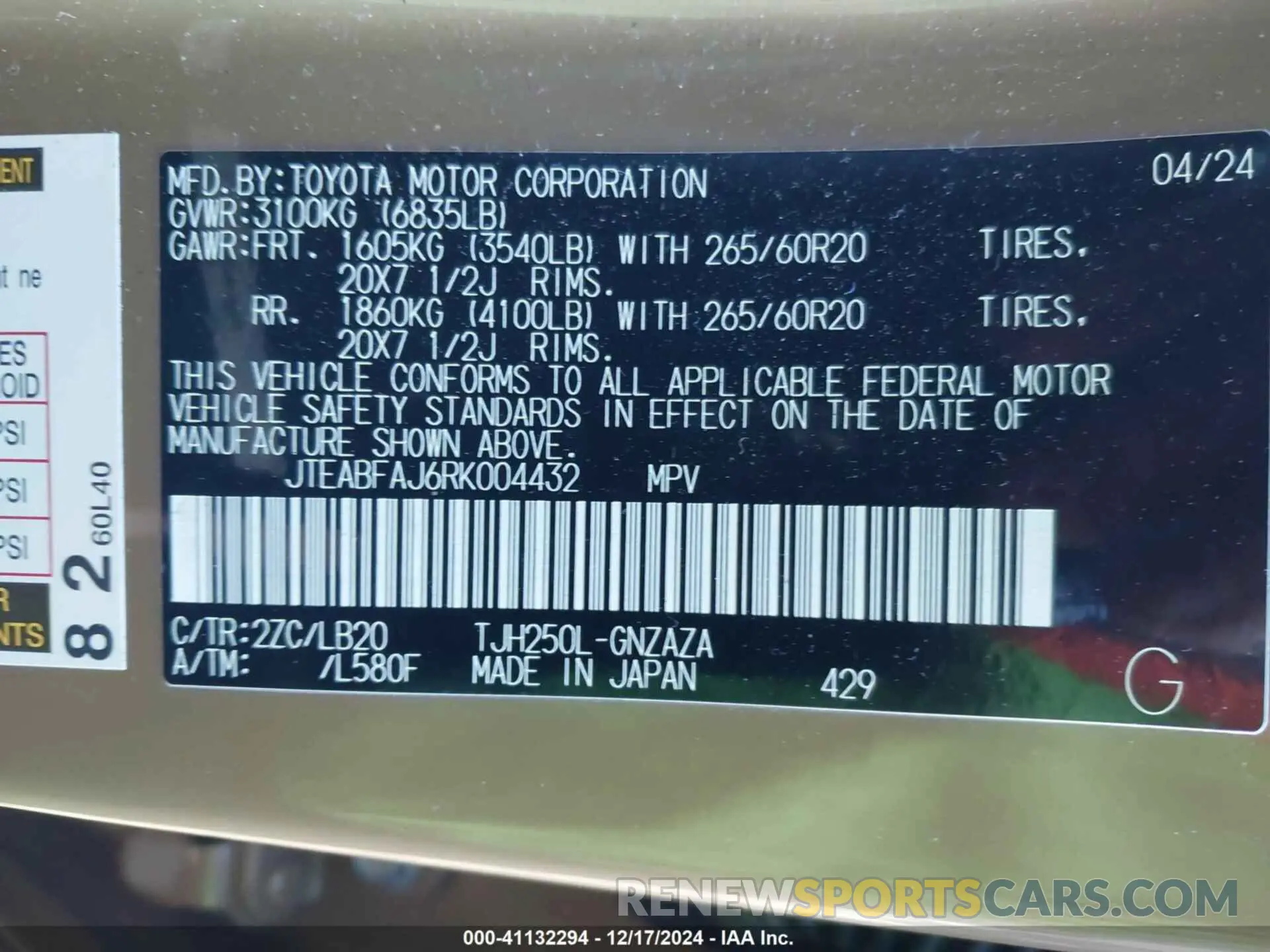 9 fotografías del automóvil dañado JTEABFAJ6RK004432 TOYOTA LAND CRUISER 2024