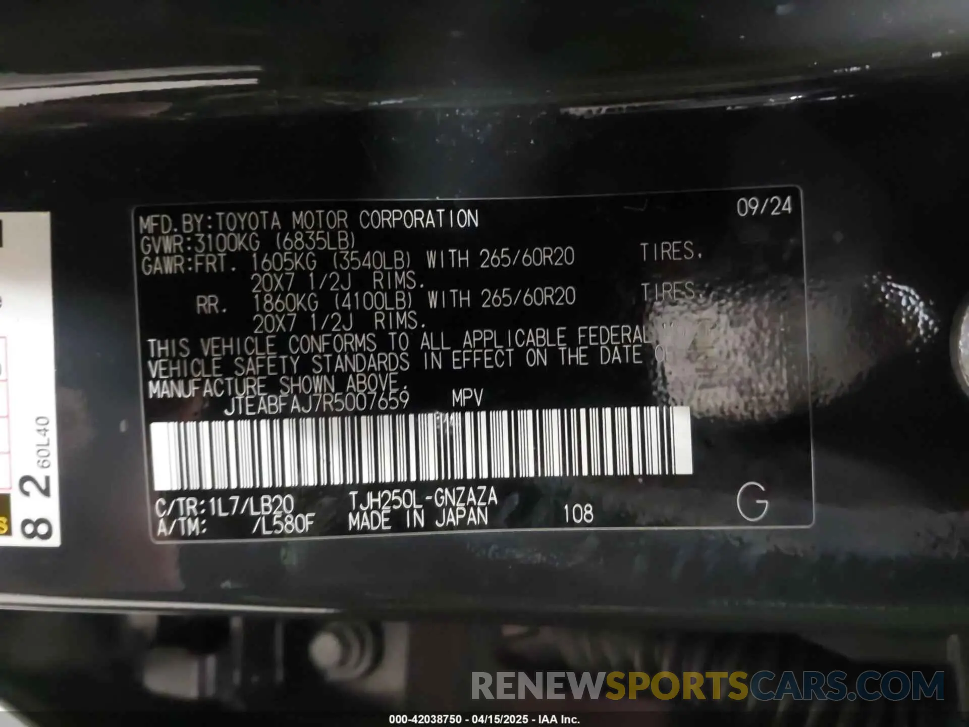 9 fotografías del automóvil dañado JTEABFAJ7R5007659 TOYOTA LAND CRUISER 2024