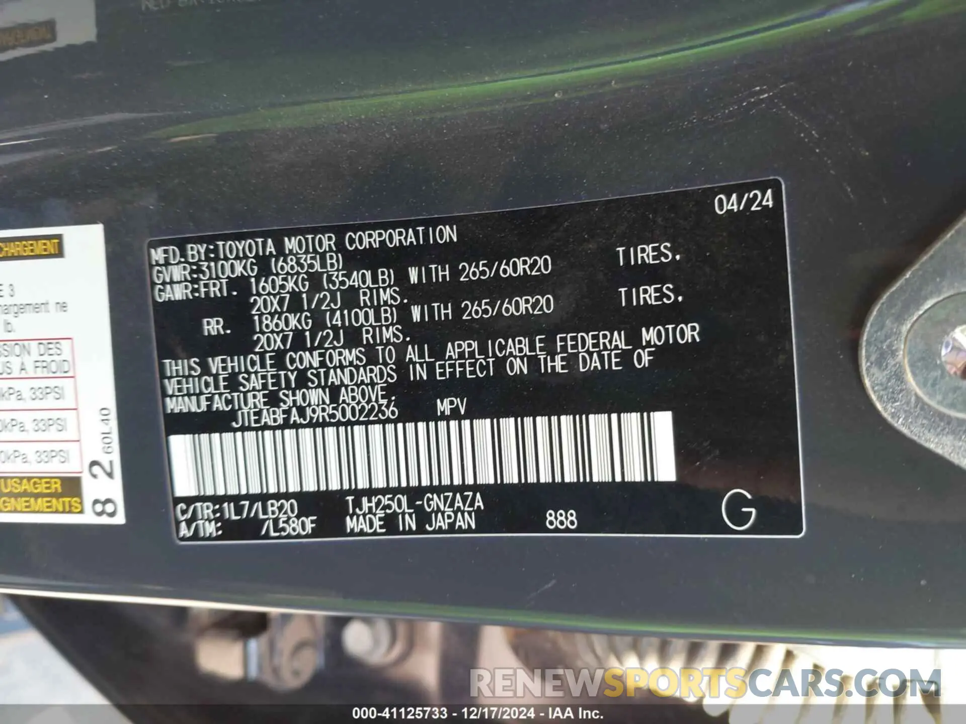 9 fotografías del automóvil dañado JTEABFAJ9R5002236 TOYOTA LAND CRUISER 2024