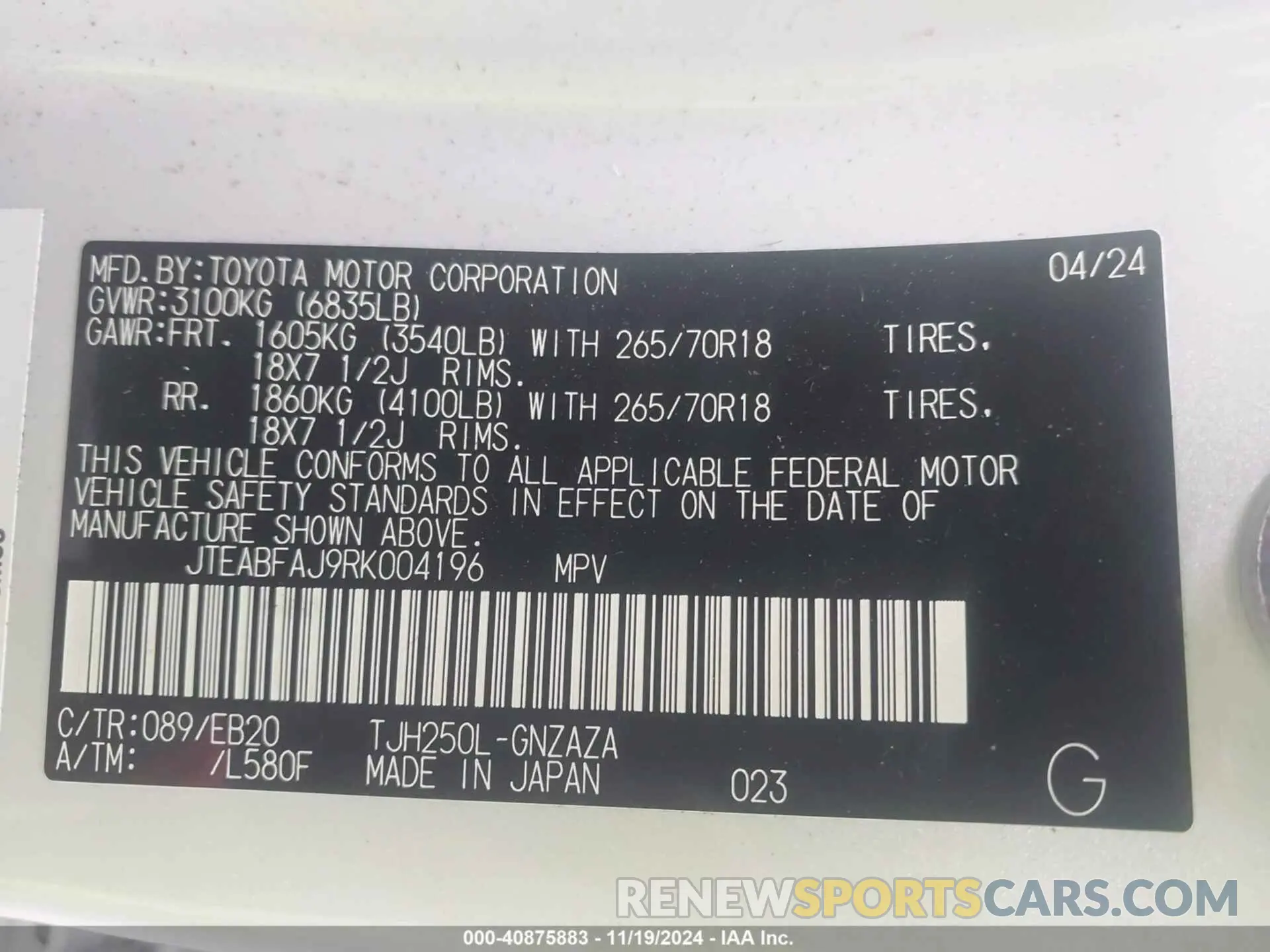9 fotografías del automóvil dañado JTEABFAJ9RK004196 TOYOTA LAND CRUISER 2024