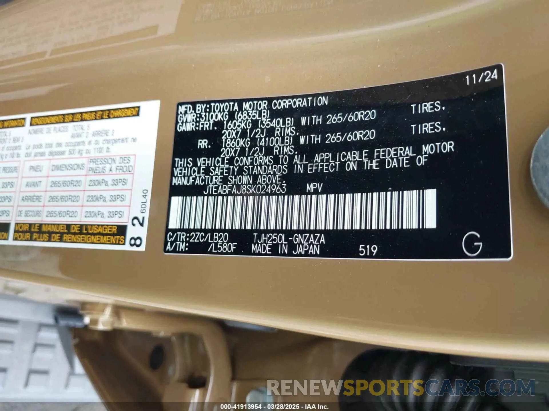 9 fotografías del automóvil dañado JTEABFAJ8SK024963 TOYOTA LAND CRUISER 2025