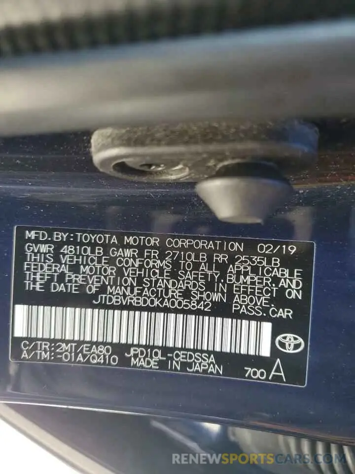 13 fotografías del automóvil dañado JTDBVRBD0KA005842 TOYOTA MIRAI 2019
