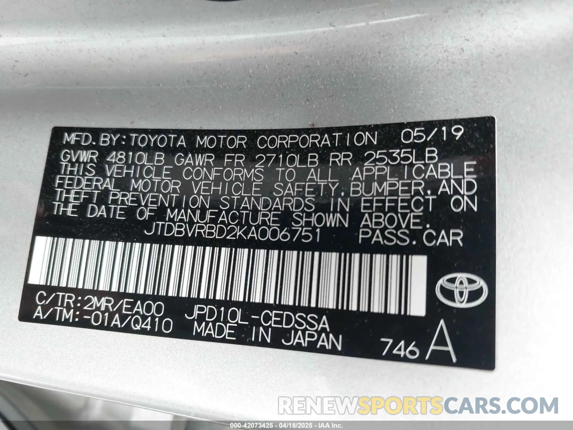 9 fotografías del automóvil dañado JTDBVRBD2KA006751 TOYOTA MIRAI 2019