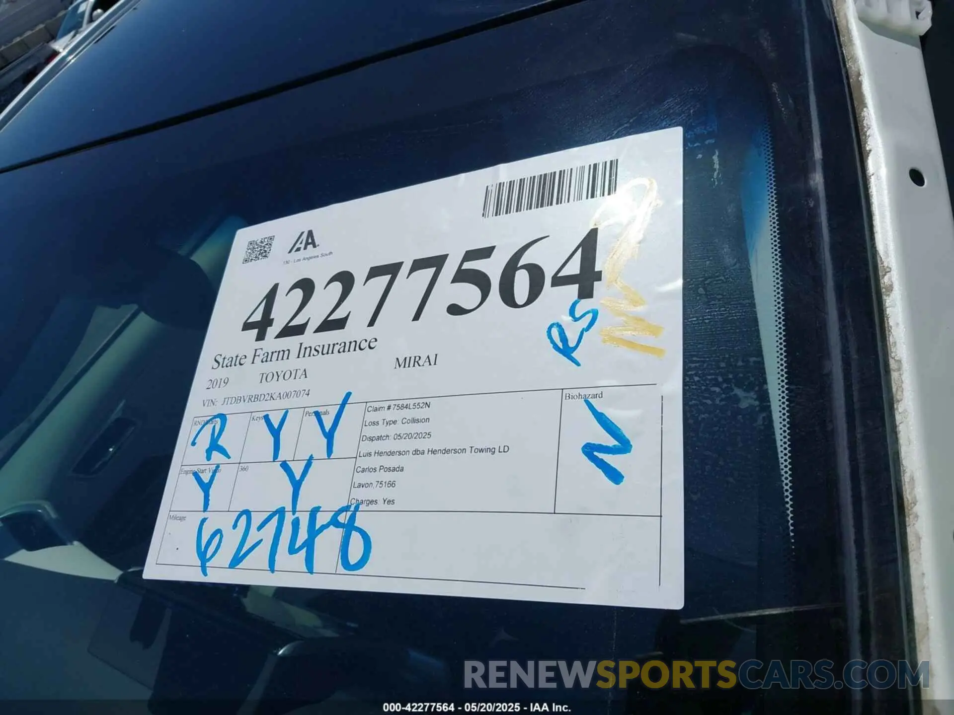 18 fotografías del automóvil dañado JTDBVRBD2KA007074 TOYOTA MIRAI 2019