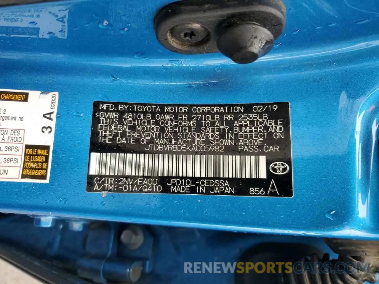 13 fotografías del automóvil dañado JTDBVRBD5KA005982 TOYOTA MIRAI 2019