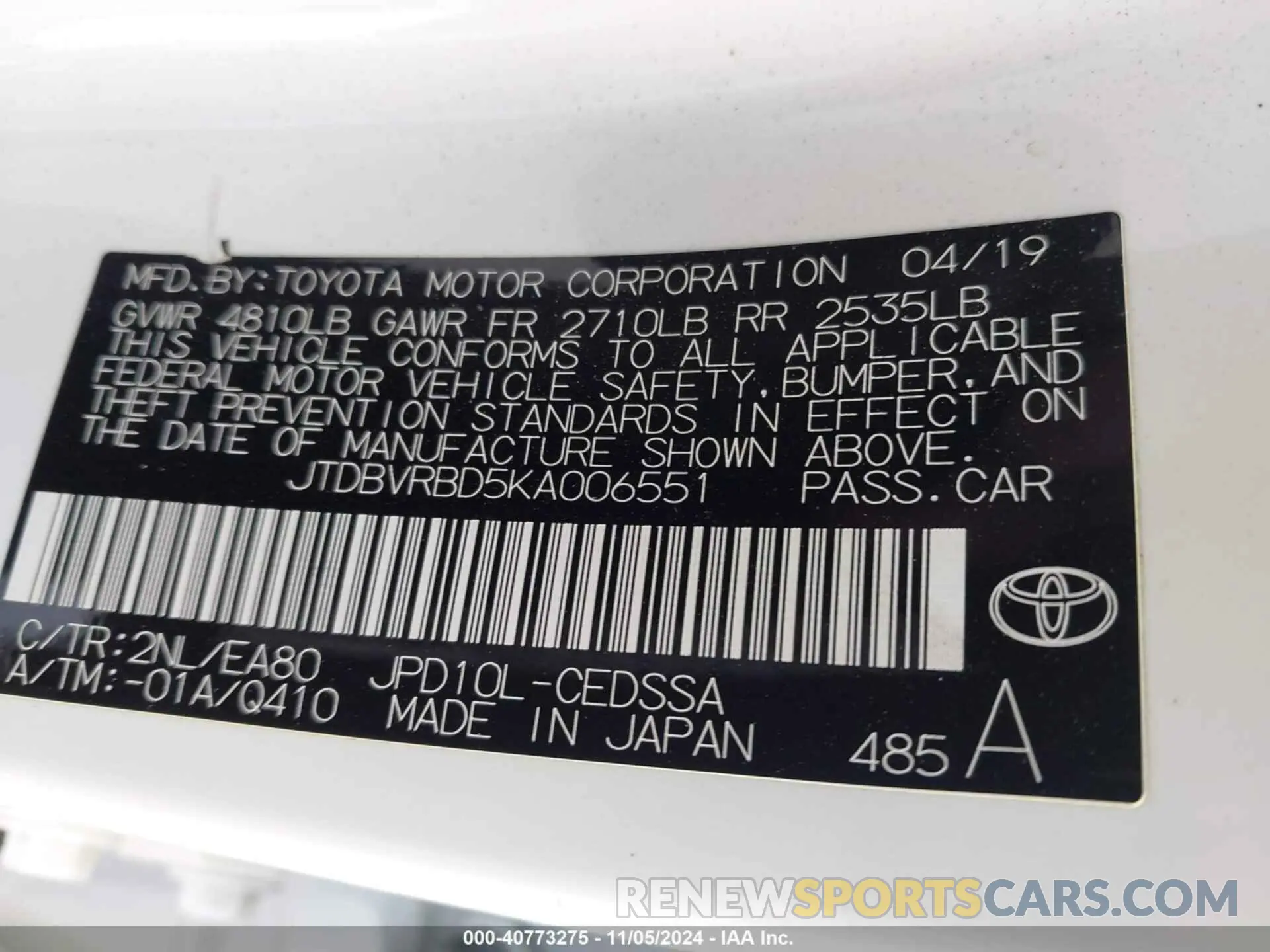9 fotografías del automóvil dañado JTDBVRBD5KA006551 TOYOTA MIRAI 2019