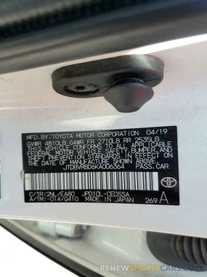 12 fotografías del automóvil dañado JTDBVRBD6KA006364 TOYOTA MIRAI 2019