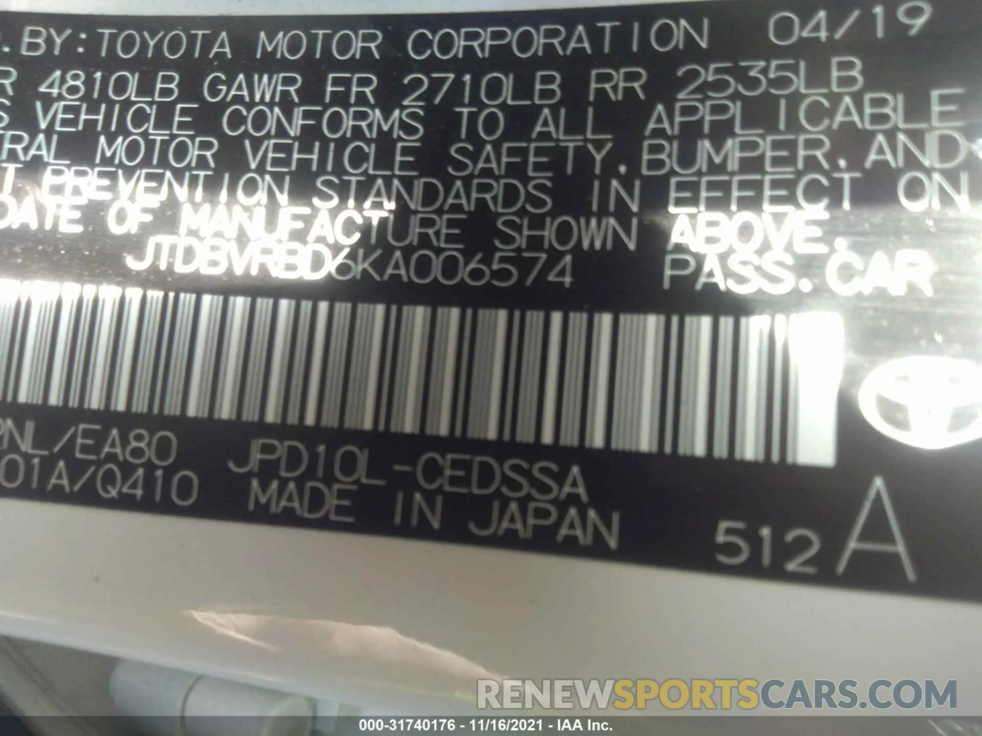 9 fotografías del automóvil dañado JTDBVRBD6KA006574 TOYOTA MIRAI 2019