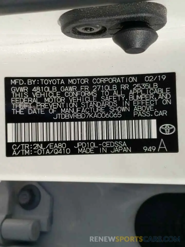10 fotografías del automóvil dañado JTDBVRBD7KA006065 TOYOTA MIRAI 2019
