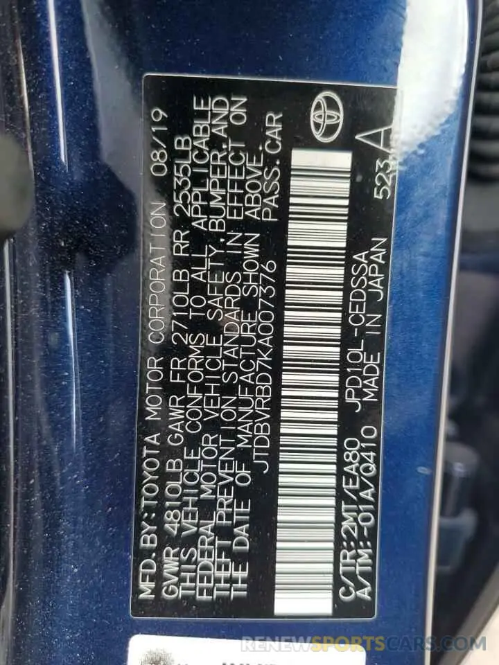 12 fotografías del automóvil dañado JTDBVRBD7KA007376 TOYOTA MIRAI 2019