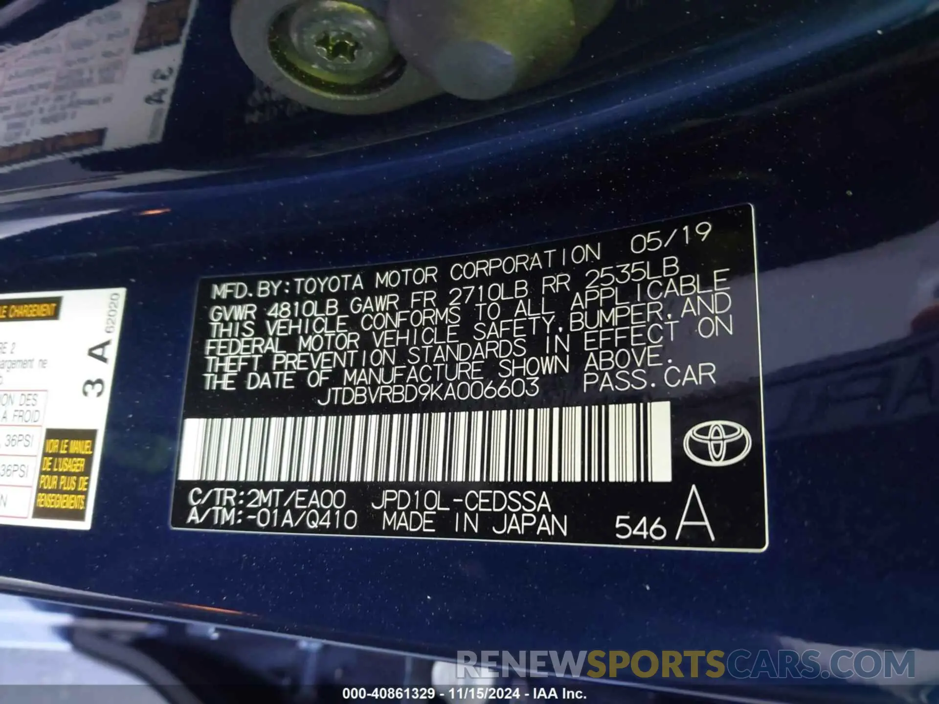 9 fotografías del automóvil dañado JTDBVRBD9KA006603 TOYOTA MIRAI 2019