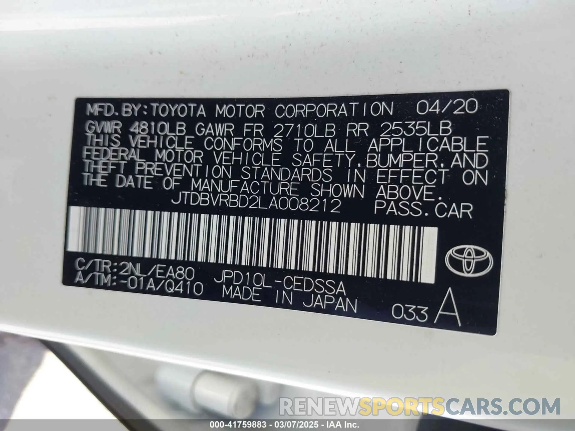 9 fotografías del automóvil dañado JTDBVRBD2LA008212 TOYOTA MIRAI 2020