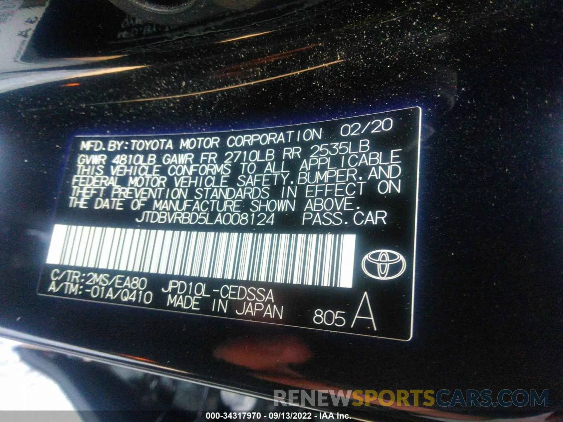 9 fotografías del automóvil dañado JTDBVRBD5LA008124 TOYOTA MIRAI 2020