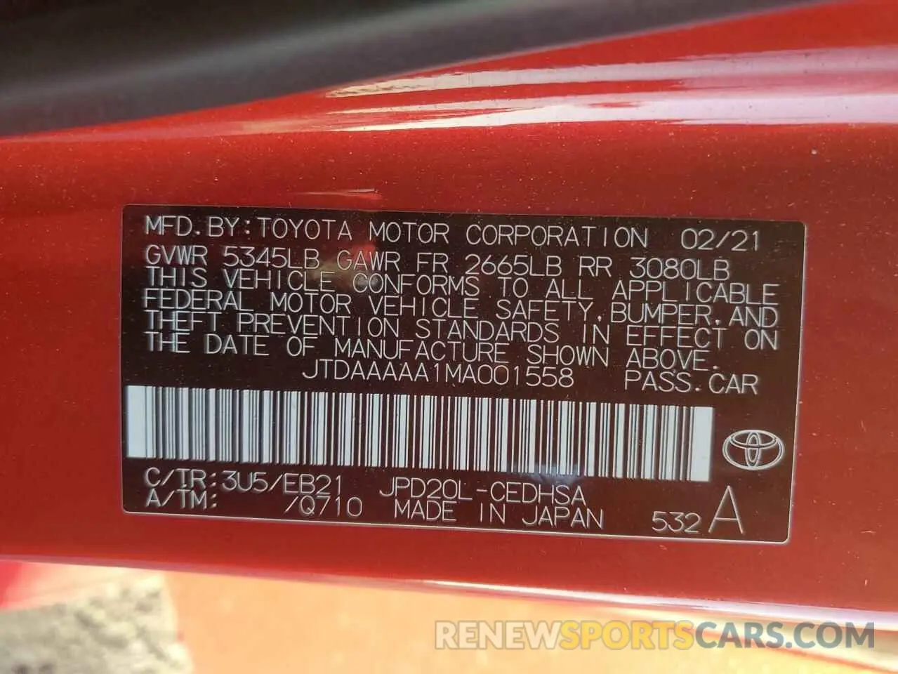 15 fotografías del automóvil dañado JTDAAAAA1MA001558 TOYOTA MIRAI 2021