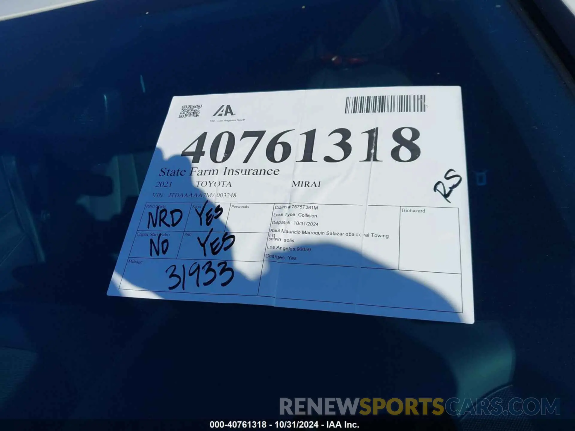 20 fotografías del automóvil dañado JTDAAAAA7MA003248 TOYOTA MIRAI 2021