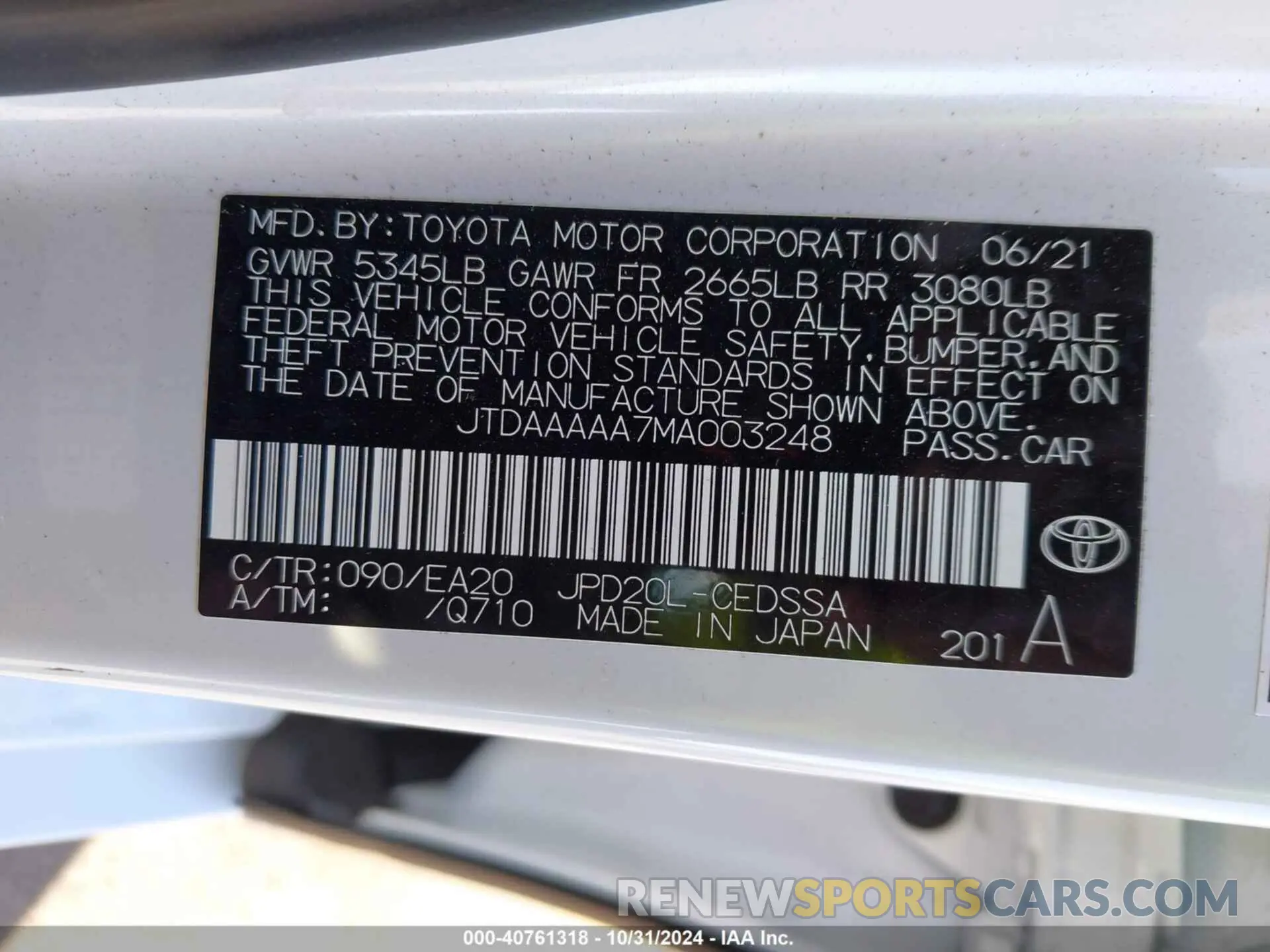 9 fotografías del automóvil dañado JTDAAAAA7MA003248 TOYOTA MIRAI 2021