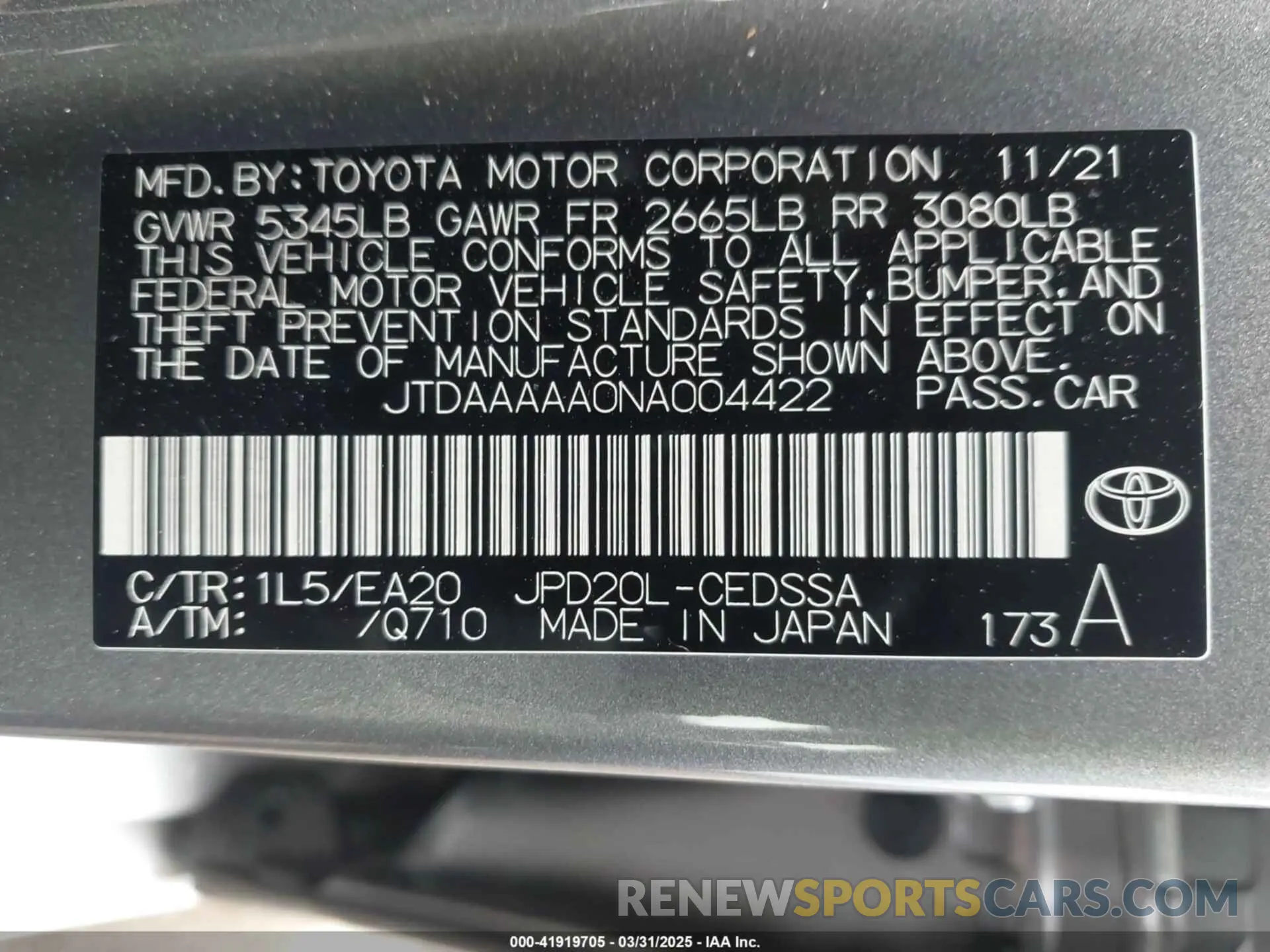 9 fotografías del automóvil dañado JTDAAAAA0NA004422 TOYOTA MIRAI 2022
