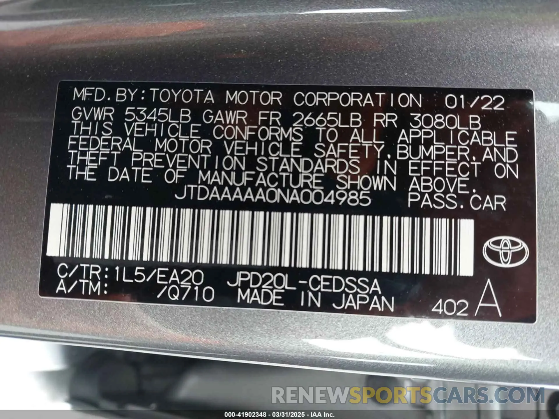 9 fotografías del automóvil dañado JTDAAAAA0NA004985 TOYOTA MIRAI 2022