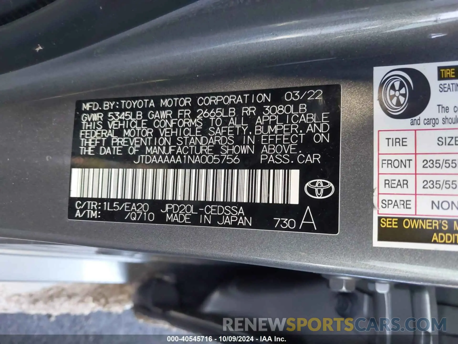 9 fotografías del automóvil dañado JTDAAAAA1NA005756 TOYOTA MIRAI 2022
