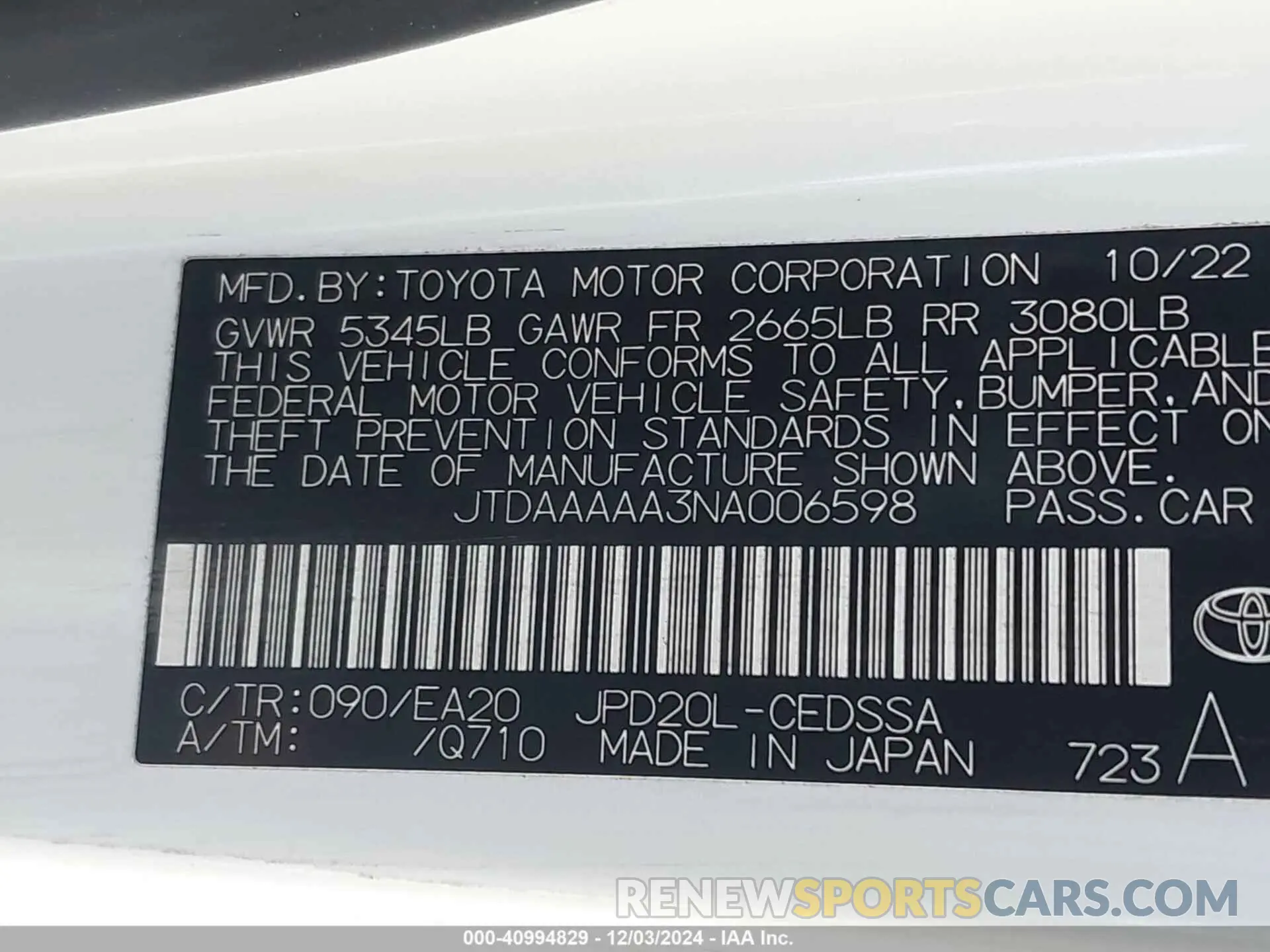 9 fotografías del automóvil dañado JTDAAAAA3NA006598 TOYOTA MIRAI 2022