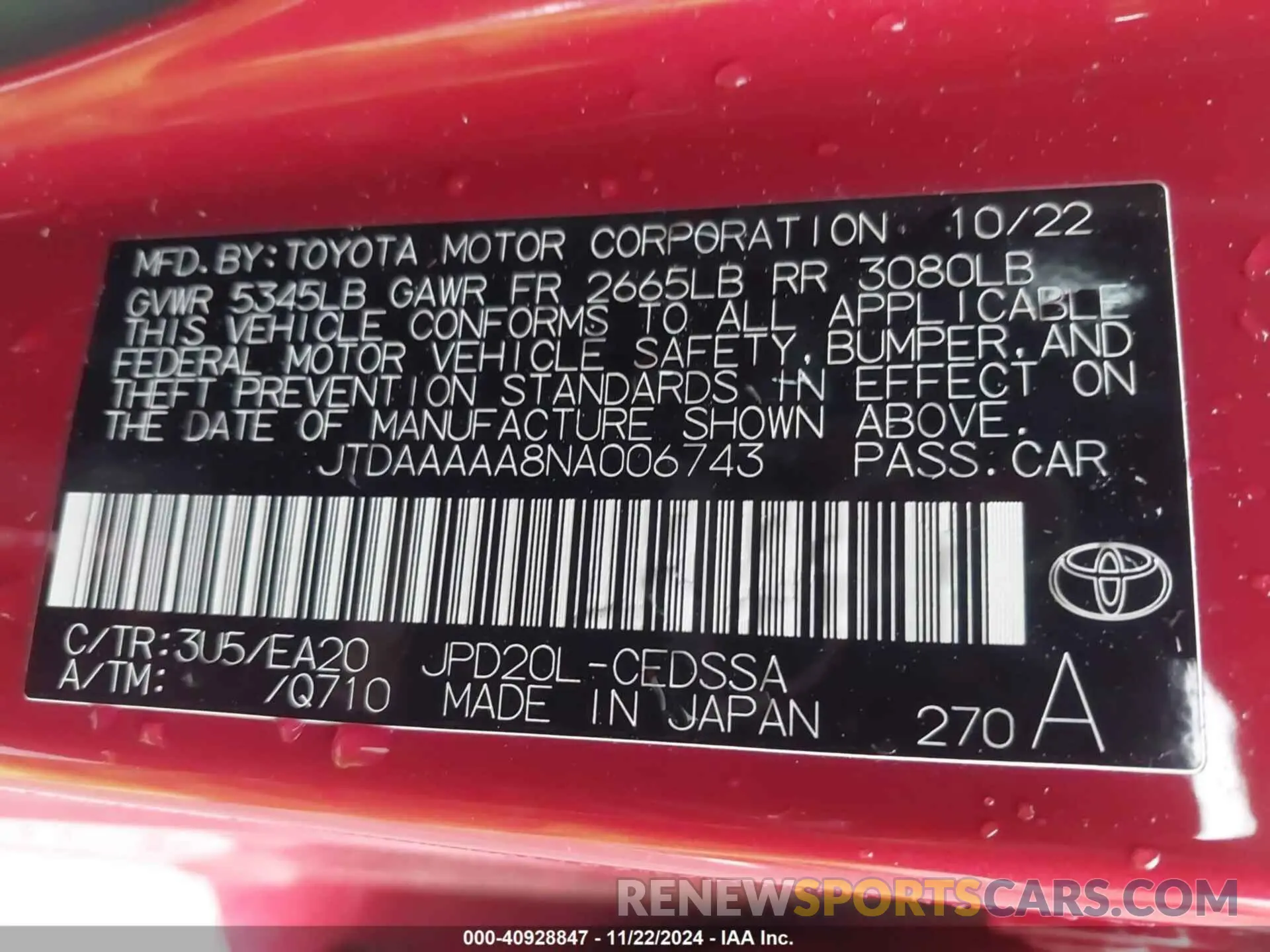 9 fotografías del automóvil dañado JTDAAAAA8NA006743 TOYOTA MIRAI 2022