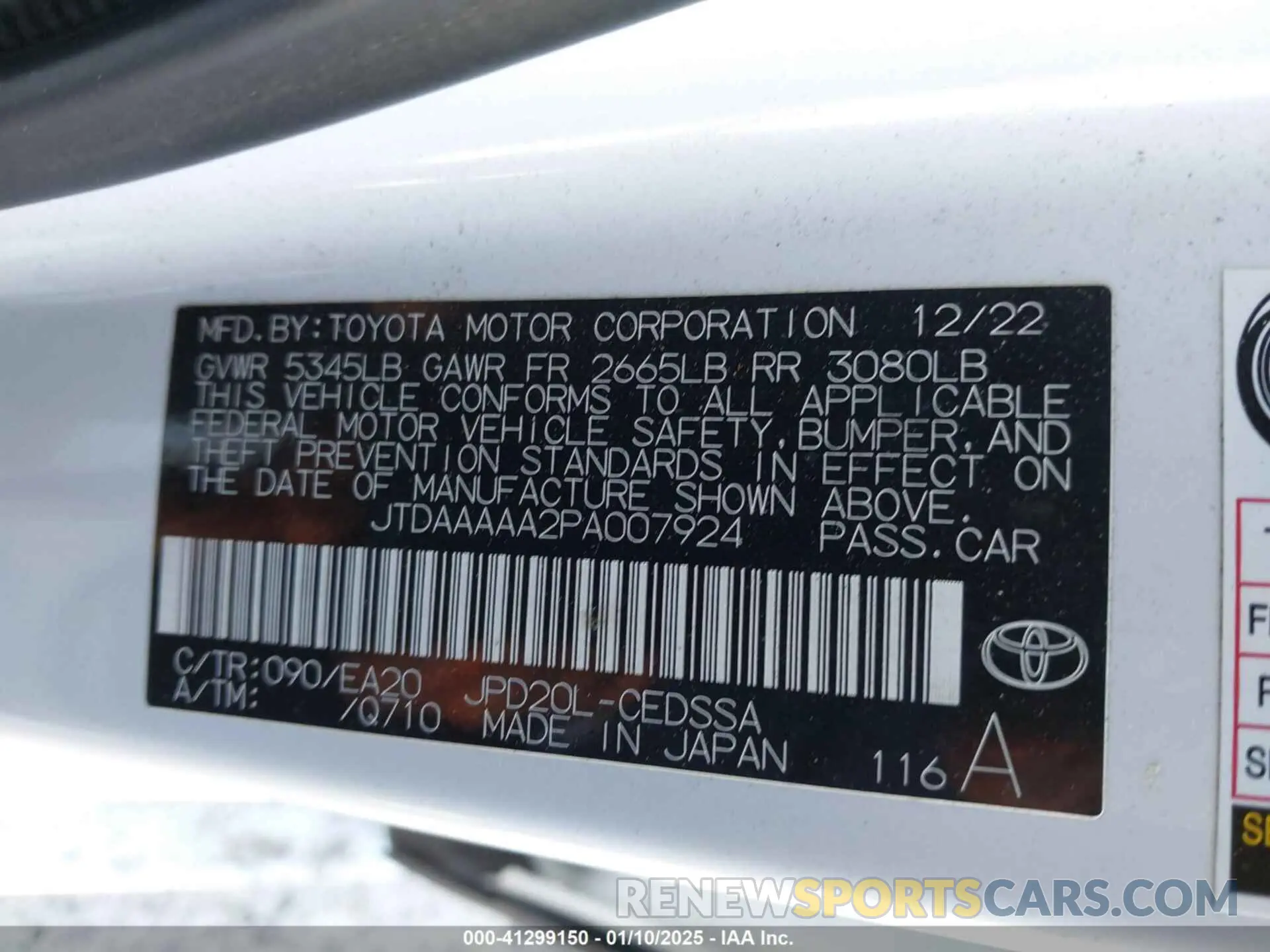 9 fotografías del automóvil dañado JTDAAAAA2PA007924 TOYOTA MIRAI 2023