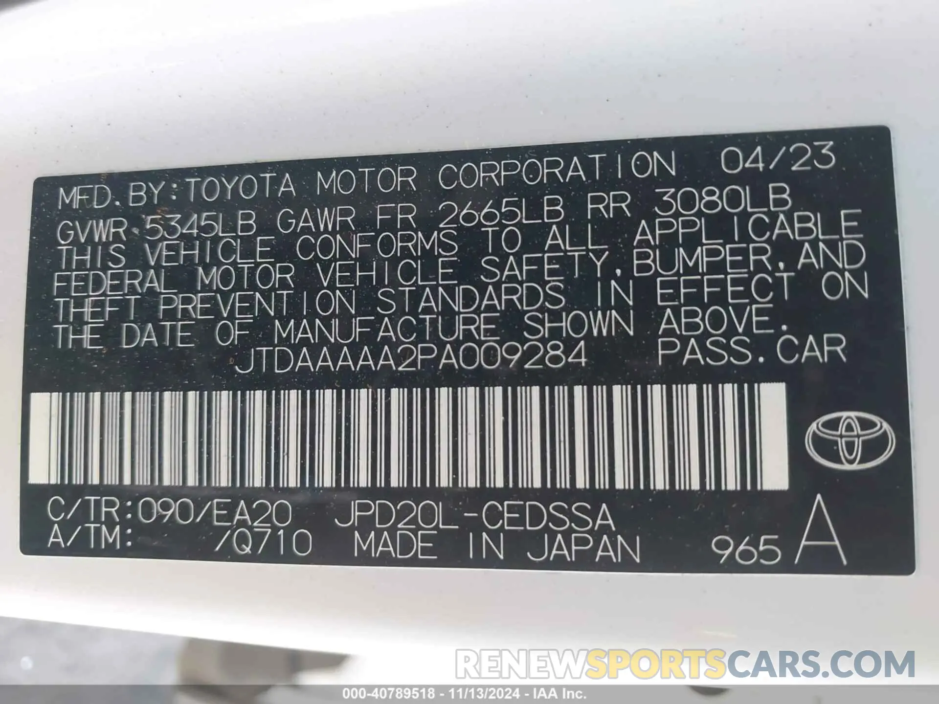 9 fotografías del automóvil dañado JTDAAAAA2PA009284 TOYOTA MIRAI 2023