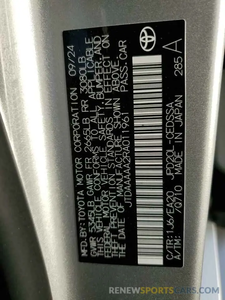 12 fotografías del automóvil dañado JTDAAAAA2RA011961 TOYOTA MIRAI 2024