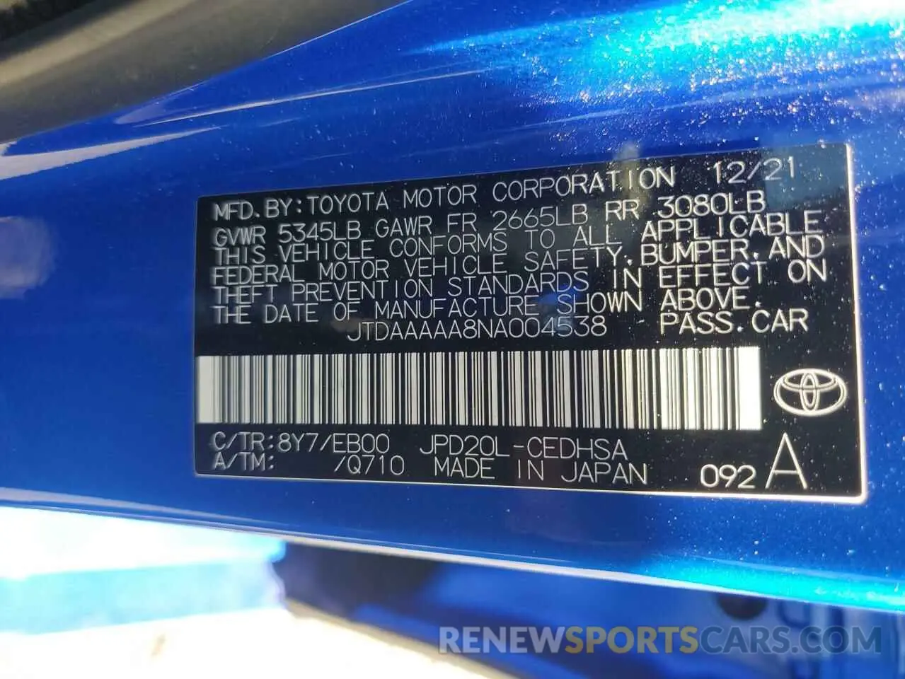 13 fotografías del automóvil dañado JTDAAAAA8NA004538 TOYOTA MIRAI LE 2022