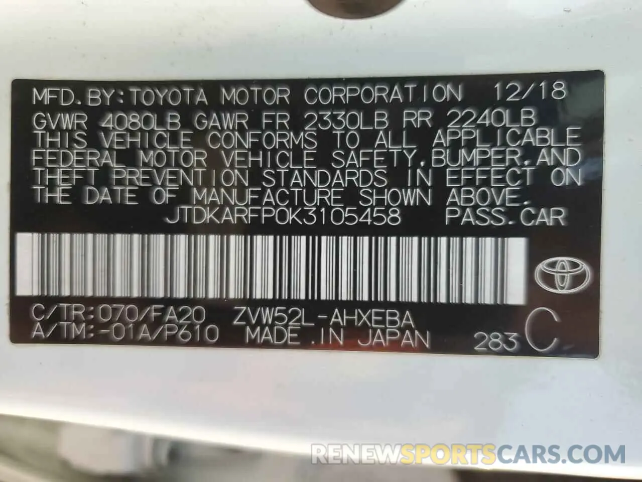 12 fotografías del automóvil dañado JTDKARFP0K3105458 TOYOTA PRIUS 2019