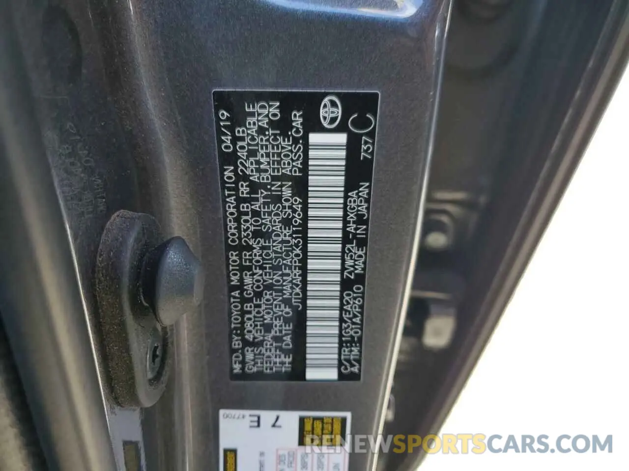 13 fotografías del automóvil dañado JTDKARFP0K3119649 TOYOTA PRIUS 2019