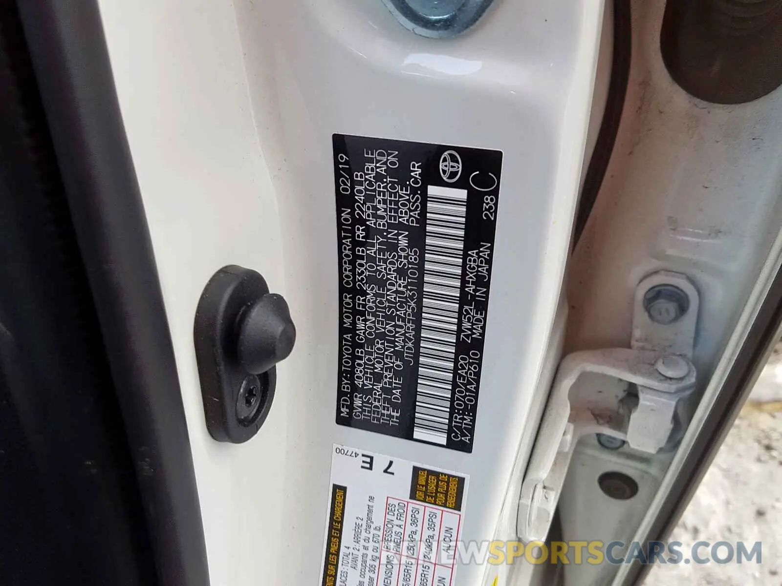10 fotografías del automóvil dañado JTDKARFP5K3110185 TOYOTA PRIUS 2019