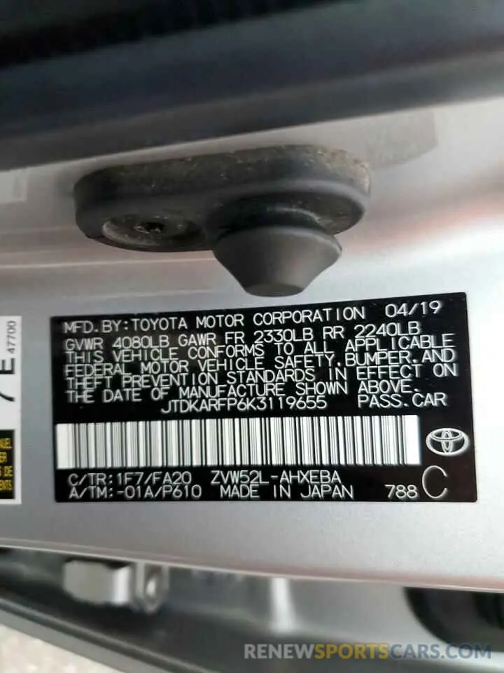 12 fotografías del automóvil dañado JTDKARFP6K3119655 TOYOTA PRIUS 2019