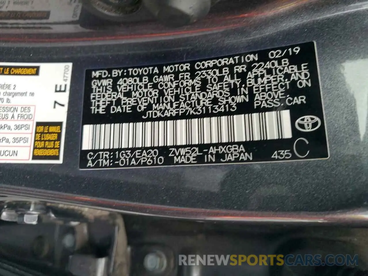 12 fotografías del automóvil dañado JTDKARFP7K3113413 TOYOTA PRIUS 2019