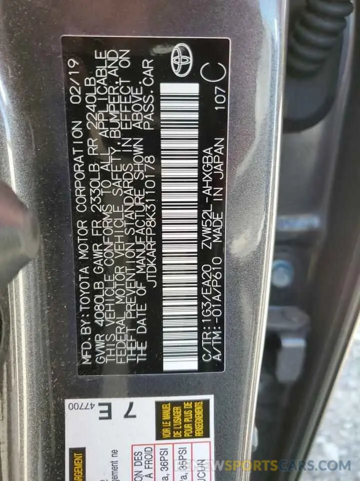 12 fotografías del automóvil dañado JTDKARFP8K3110178 TOYOTA PRIUS 2019