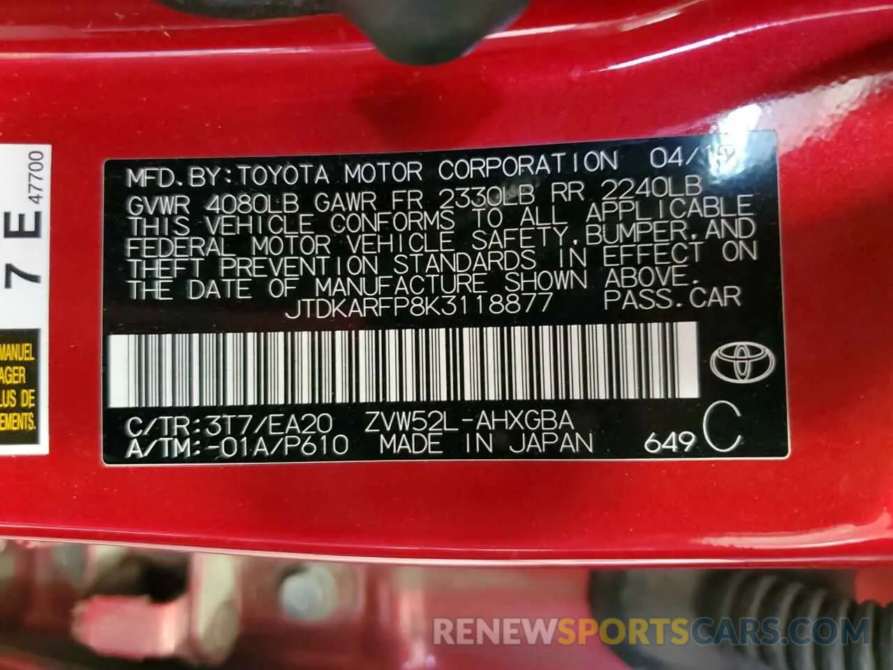 13 fotografías del automóvil dañado JTDKARFP8K3118877 TOYOTA PRIUS 2019