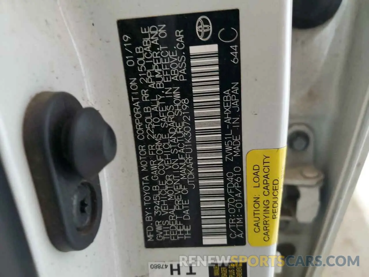 12 fotografías del automóvil dañado JTDKARFU1K3072198 TOYOTA PRIUS 2019