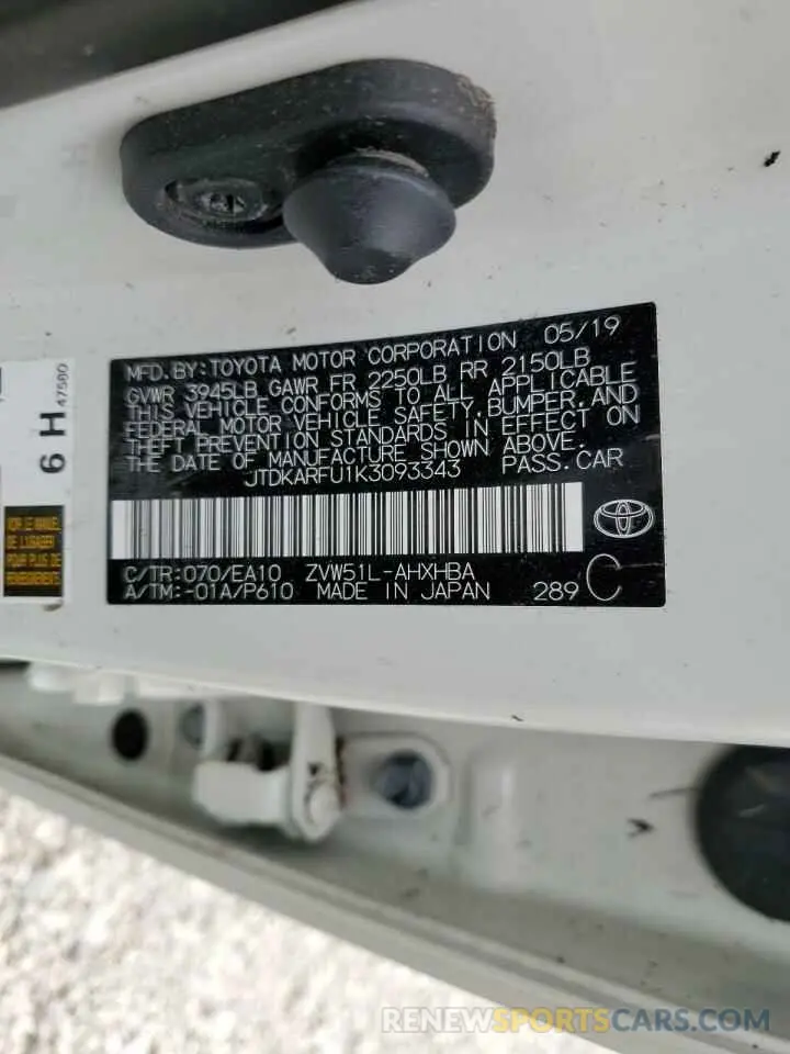 10 fotografías del automóvil dañado JTDKARFU1K3093343 TOYOTA PRIUS 2019