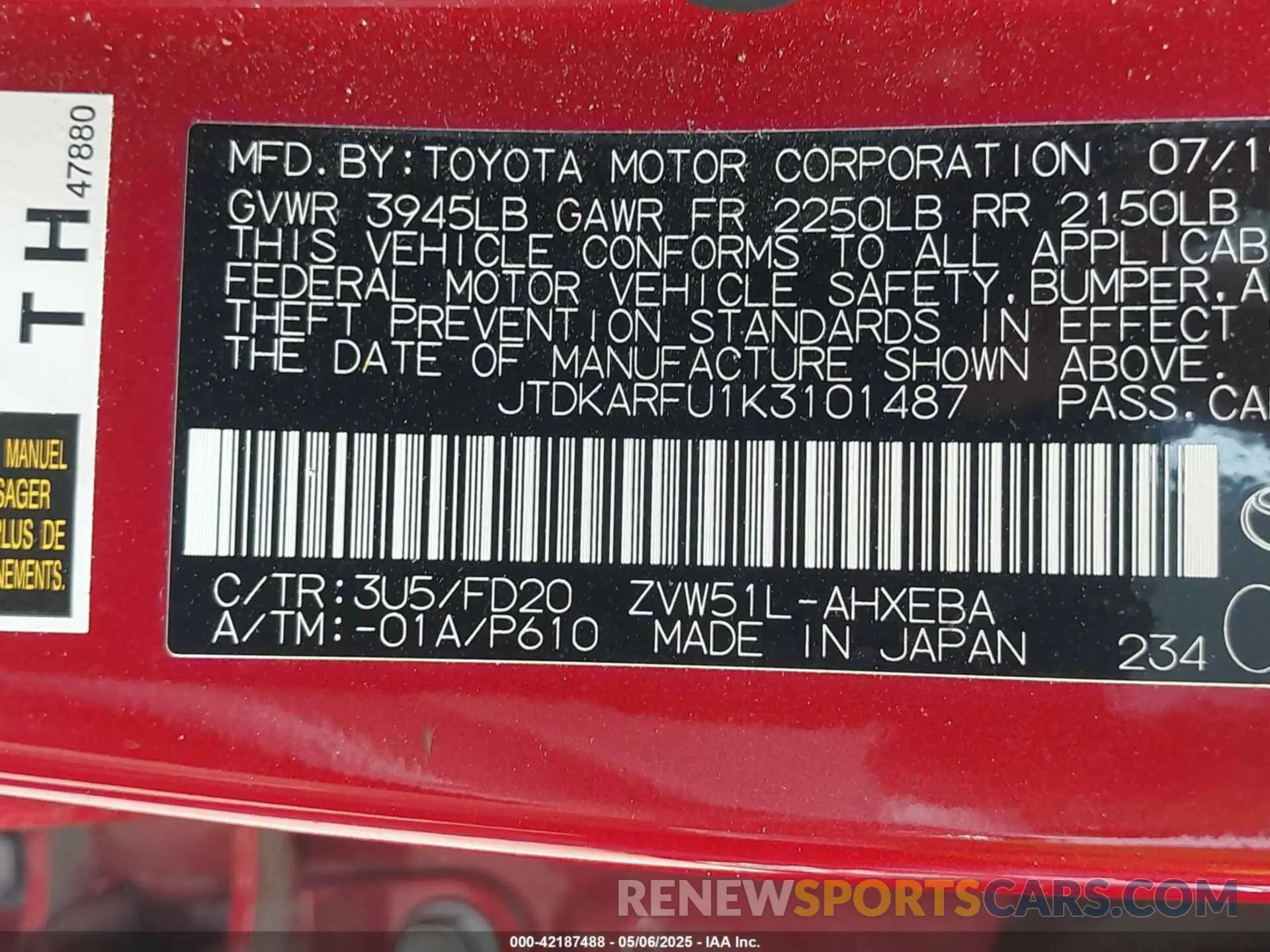 9 fotografías del automóvil dañado JTDKARFU1K3101487 TOYOTA PRIUS 2019