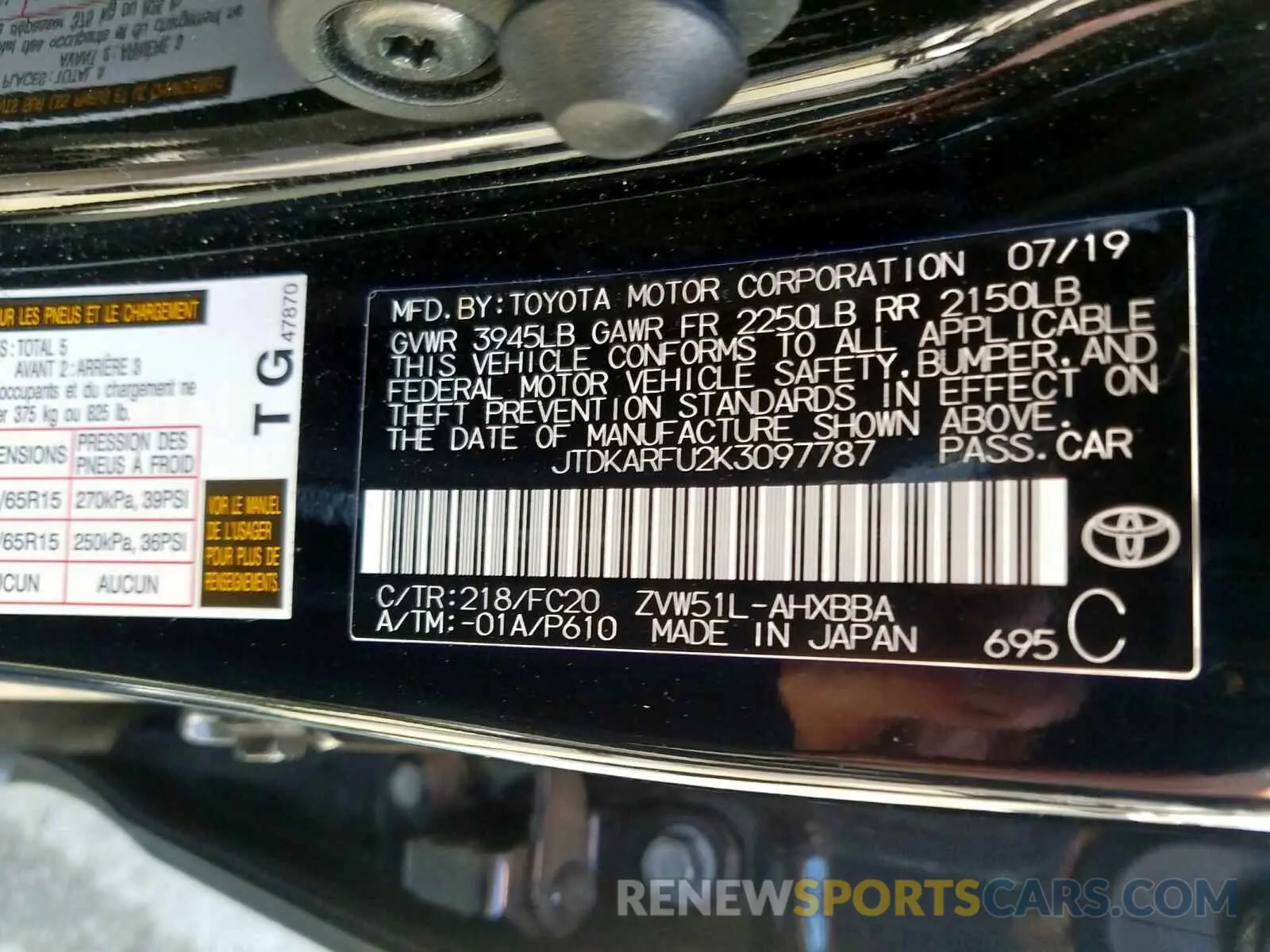 10 fotografías del automóvil dañado JTDKARFU2K3097787 TOYOTA PRIUS 2019