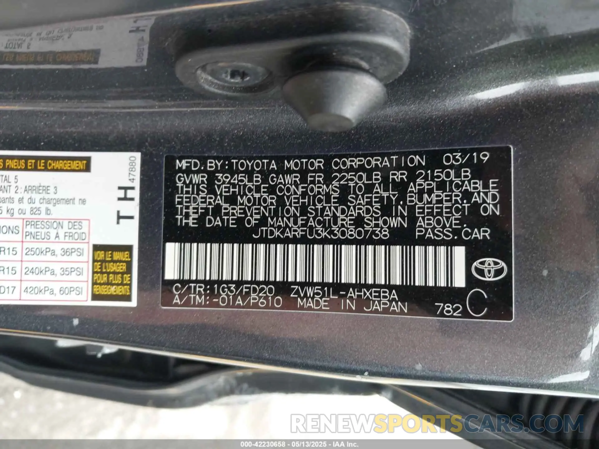 9 fotografías del automóvil dañado JTDKARFU3K3080738 TOYOTA PRIUS 2019