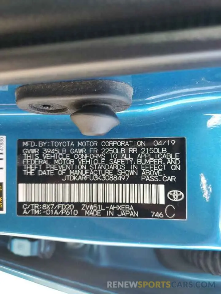 12 fotografías del automóvil dañado JTDKARFU3K3088497 TOYOTA PRIUS 2019