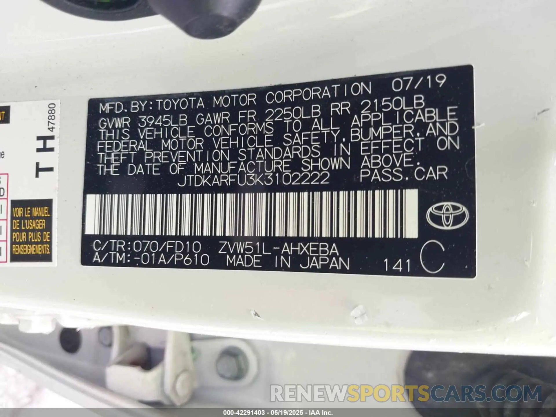 9 fotografías del automóvil dañado JTDKARFU3K3102222 TOYOTA PRIUS 2019