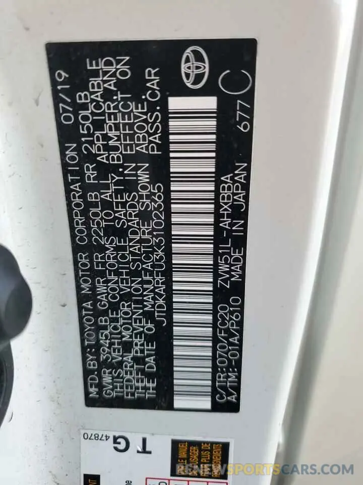 13 fotografías del automóvil dañado JTDKARFU3K3102365 TOYOTA PRIUS 2019