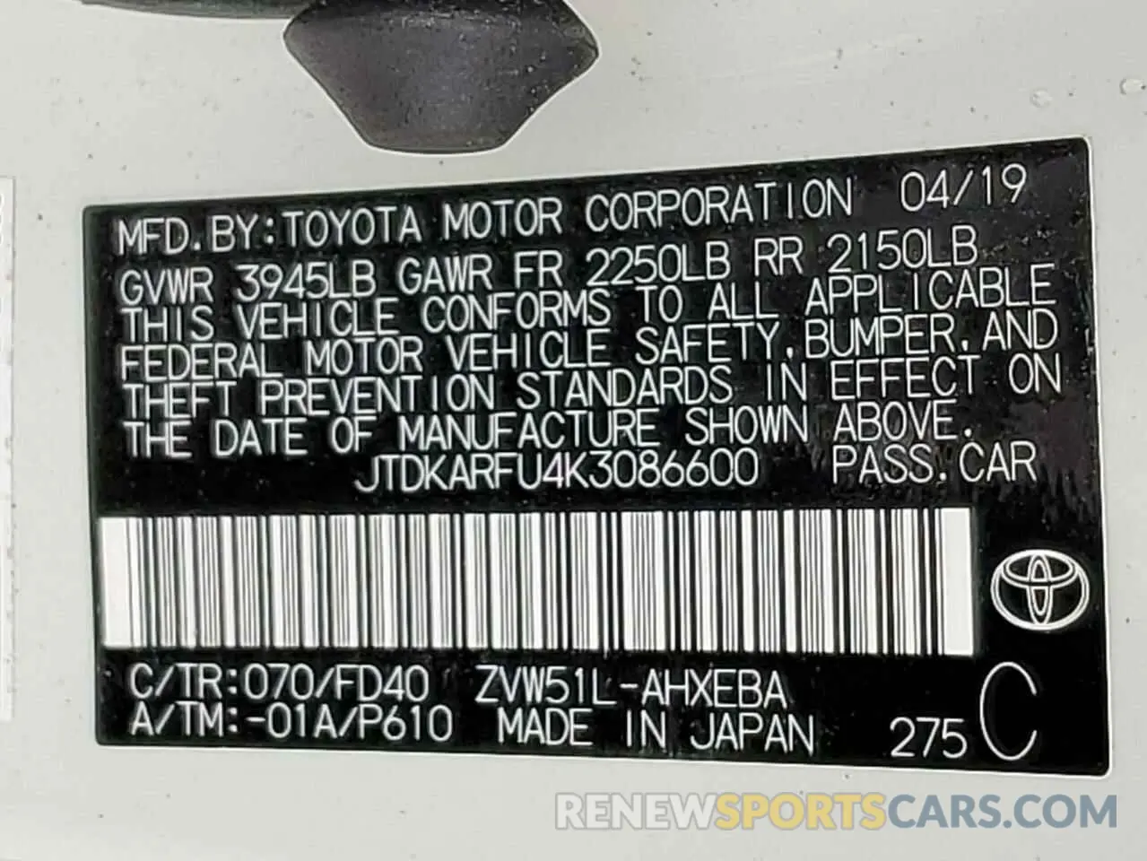 12 fotografías del automóvil dañado JTDKARFU4K3086600 TOYOTA PRIUS 2019
