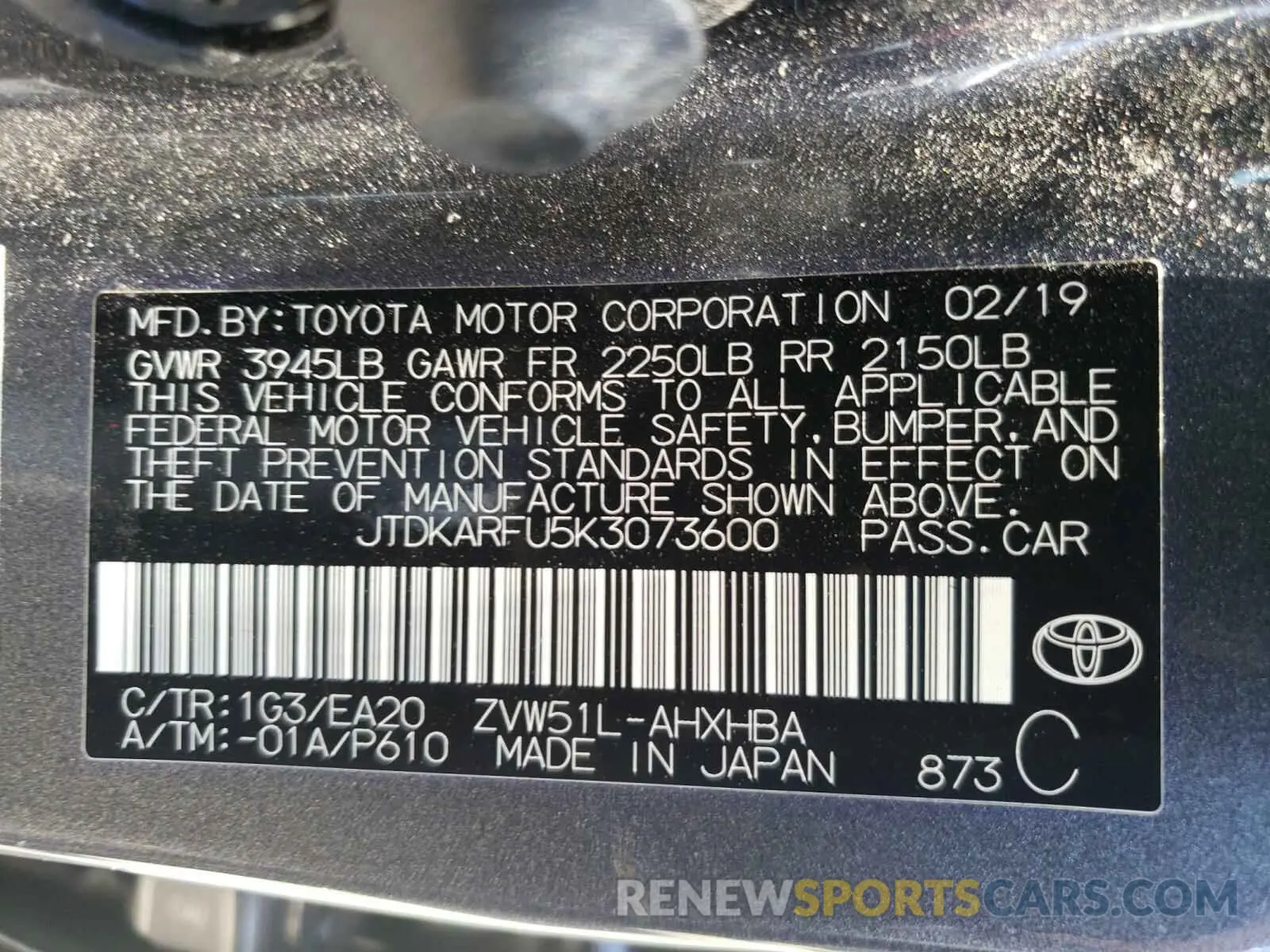 10 fotografías del automóvil dañado JTDKARFU5K3073600 TOYOTA PRIUS 2019