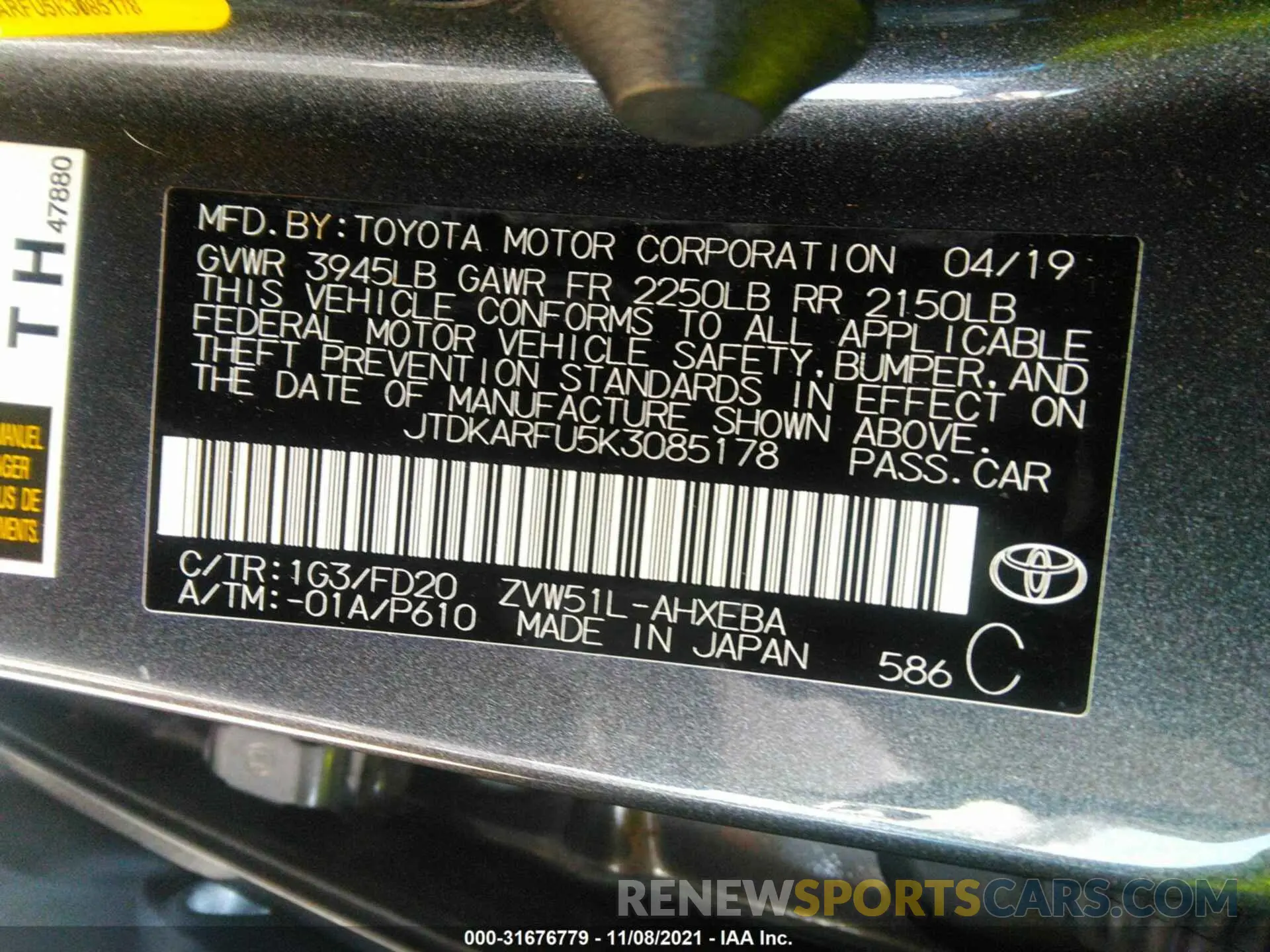 9 fotografías del automóvil dañado JTDKARFU5K3085178 TOYOTA PRIUS 2019