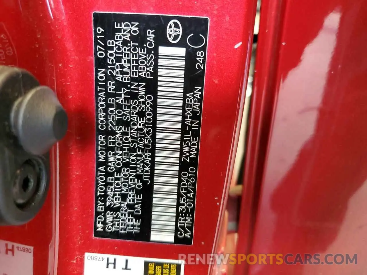 12 fotografías del automóvil dañado JTDKARFU5K3100990 TOYOTA PRIUS 2019