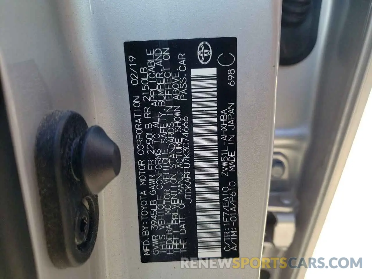 10 fotografías del automóvil dañado JTDKARFU7K3074666 TOYOTA PRIUS 2019